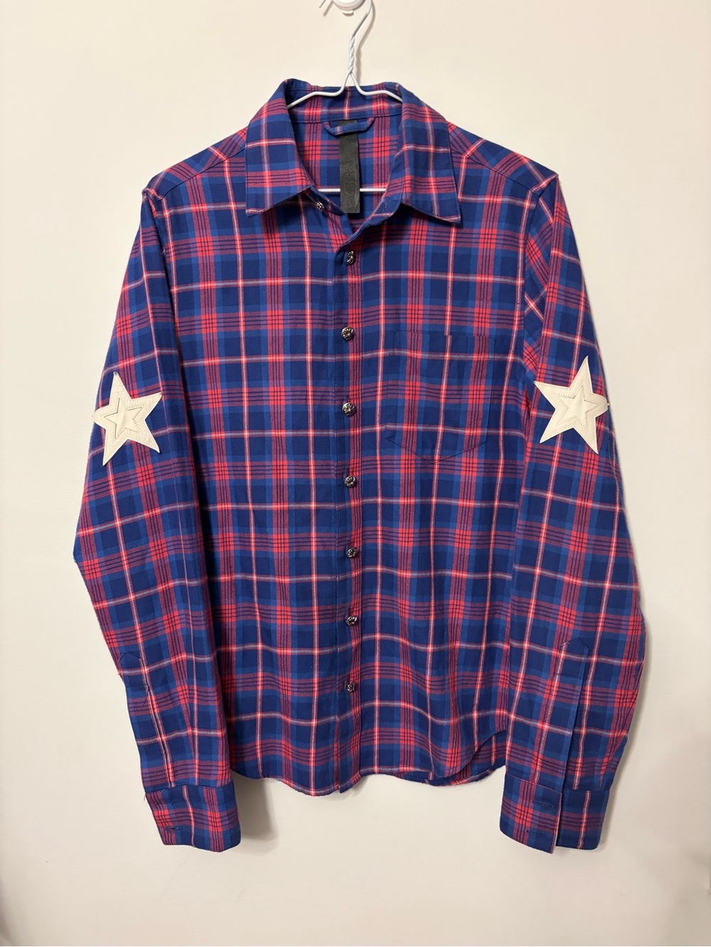 Chrome hearts Men's Blue and Red Plaid Button-Up Shirt lamb skin star Patches